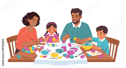 A diverse family of four decorating Easter eggs together at a table with colorful bowls and plates in a warm and joyful atmosphere.