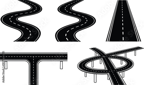 Road and highway elements set, curved roads, straight asphalt street, intersection and overpass bridge transport infrastructure vector illustration