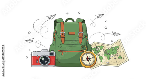 Travel and adventure concept illustration with a green backpack, vintage camera, compass, and a world map on white background.