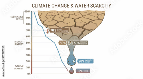 Infographic illustrating the severe impact of climate change on global water scarcity, showing declining freshwater availability and increasing drought severity.