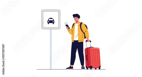Male tourist with a backpack and suitcase waiting at a taxi stand, using his smartphone to call a ride-sharing service.
