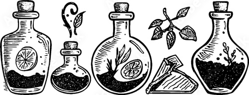 Vintage alchemy flasks and bubbling potions with ancient manuscript design