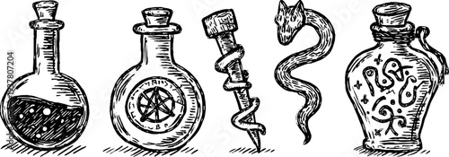 Alchemical flasks and occult symbols for magical designs