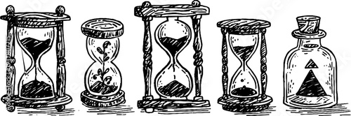 Vintage alchemy hourglass and glass vial set engraving for retro design projects