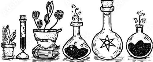 Alchemy secrets and glass retort with steaming elixirs for magical experiments and potion crafting