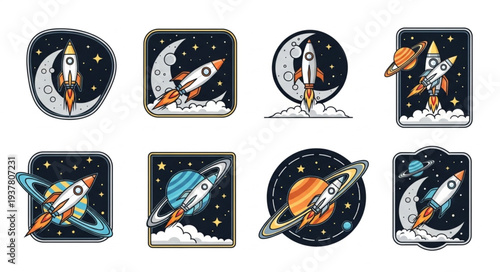 Collection of cartoon rockets launching into space with planets and moons.