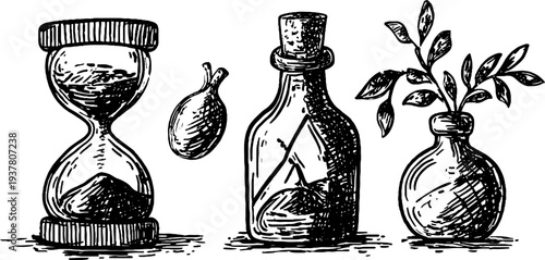 Vintage alchemy set with hourglass and ornate glass vials for retro design