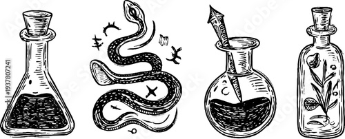 Alchemy symbols and glassware with snake illustration for retro design