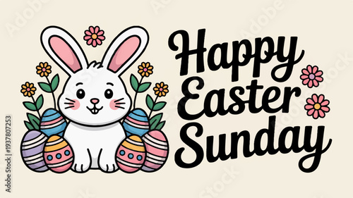 Easter bunny with colorful eggs and flowers on happy easter sunday greeting card