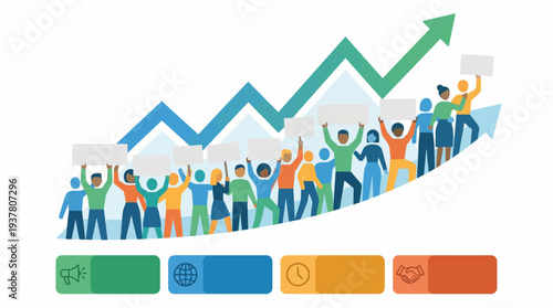 Diverse group of people standing on an upward-trending arrow graph, symbolizing community growth, social progress, and collective achievement.