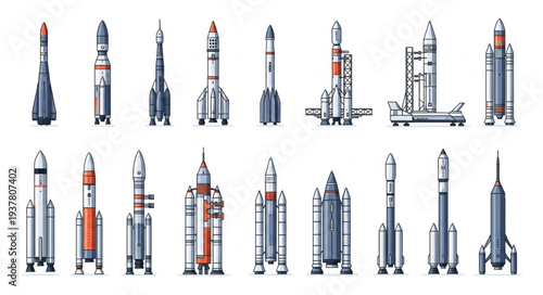 Collection of various rockets and spacecraft designs.