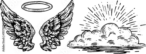 Vintage angel wings with halo and cloud base sketch for spiritual art