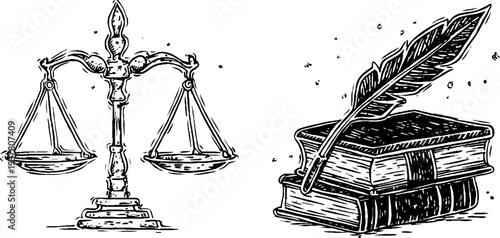 Vintage antique balance scale and quill on books sketch for retro design