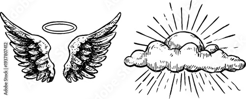 Vintage sketch of angel wings and halo with radiant cloud design for spiritual themes