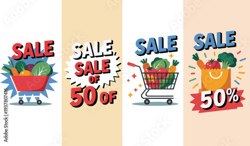 Sale shopping cart icons with 50 percent off discount banners