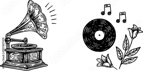 Vintage gramophone and vinyl record with music notes and flowers for retro design