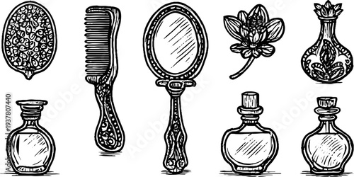Vintage grooming set with ornate antique hair comb, oval mirror, and perfume bottles - hand drawn design for retro decor