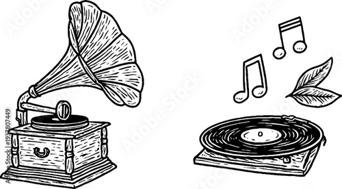 Vintage gramophone and vinyl record with music notes sketch for retro design