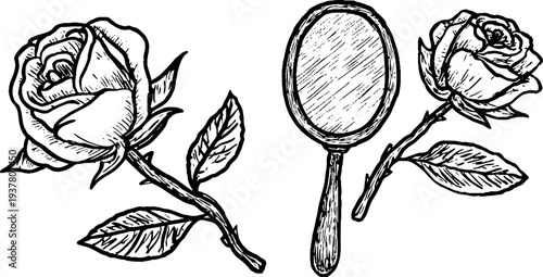 Antique hand mirror with cracked glass and rose sketch - vintage design for decoration and art