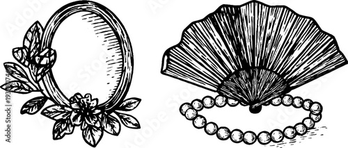 Vintage antique mirror with hand fan and pearl necklace sketch for retro design
