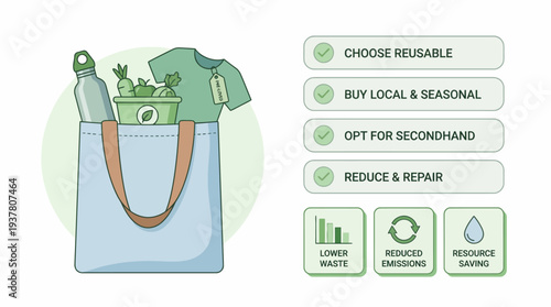 Eco-friendly lifestyle choices illustration promoting sustainability, including reusable items, local produce, secondhand goods, and the benefits of lower waste and reduced emissions.
