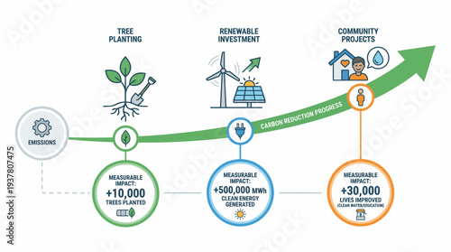 Infographic illustrating carbon reduction projects including tree planting, renewable energy investment, and community initiatives with measurable environmental and social impacts.
