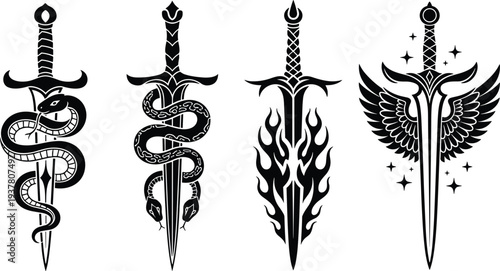 Set of Four Black and White Vector Illustrations Featuring Ornate Daggers with Snakes Fire Wings and Stars for Tattoo Designs