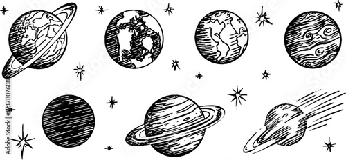 Celestial bodies and astronomical illustrations for educational and decorative use