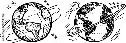 Celestial globes and orbits with comet - vintage astronomical sketch for design