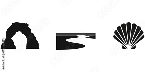 Coastal Nature Silhouette Set: Natural Stone Arch, Sandy Shoreline, and Scallop Seashell Icons