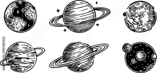 Vintage celestial bodies and orbit lines sketch for astronomy enthusiasts