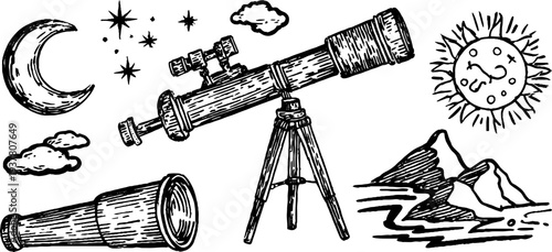 Celestial exploration scenes with telescope and crescent moon - perfect for retro design and prints