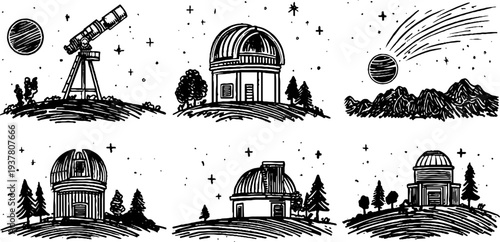 Astronomical observatories and telescopes sketch set for educational design