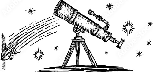 Vintage telescope and observatory dome sketch - hand drawn astronomical scene