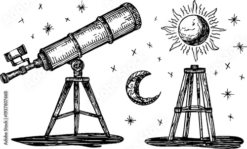 Astronomer set with telescope and crescent moon for celestial observation design
