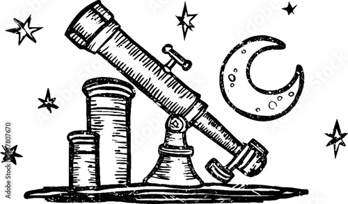 Vintage astronomer telescope with crescent moon sketch for retro design and poster