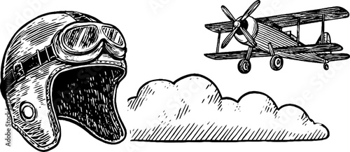 Vintage aviation elements: aviator helmet, propeller aircraft, and cloud swirl sketch for retro design