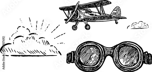 Vintage aviator goggles with propeller plane and cloud trails sketch for aviation enthusiasts