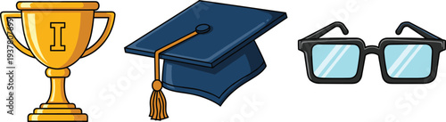 Academic success, graduation cap, gold trophy, eyeglasses, education symbol, achievement icon, scholarly excellence, learning tools, student award, intellectual pride