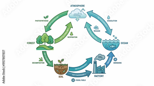 A detailed infographic illustrating the interconnected environmental cycles, including carbon and water, showing natural processes like photosynthesis and industrial emissions.