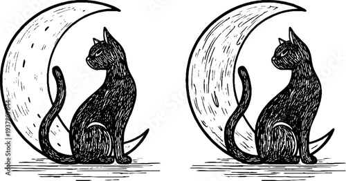 Black cat silhouette with crescent moon set - vintage hand drawn etching design for décor or cards