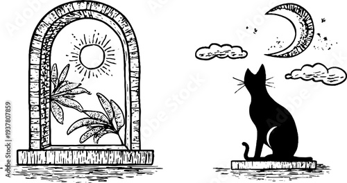 Vintage black cat silhouette with gothic arch window design for posters