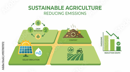 Detailed infographic showcasing sustainable agriculture methods like crop rotation, composting, solar irrigation, and efficient farming to reduce environmental emissions.
