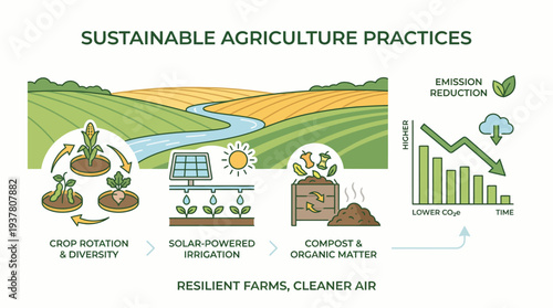 Infographic illustrating sustainable agriculture practices including crop rotation, solar irrigation, composting, and their role in reducing emissions for resilient farms and cleaner air.