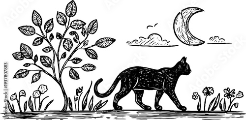 Vintage black cat silhouette with crescent moon and nature elements for decorative design