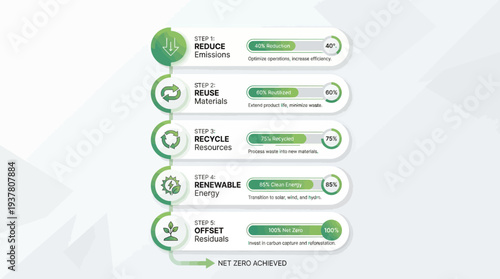 Infographic detailing a five-step process to achieve net zero, including reducing emissions, reusing materials, recycling resources, utilizing renewable energy, and offsetting residuals.