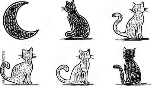 Elegant black cat silhouettes with crescent moon design for creative projects