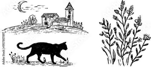 Elegant black cat silhouette with crescent moon in vintage sketch style