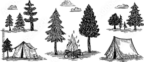 Vintage camping scene with tent, pine trees, and campfire for nature-themed design