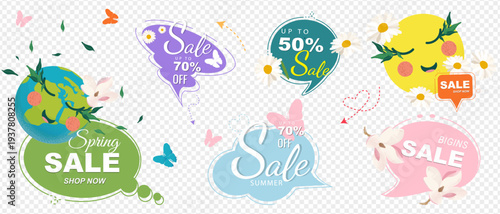 Spring sale banner, bubbles elements set. Horizontal panoramic flat vector with earth character, sun, magnolia flowers, butterflies and discount speech bubbles. For seasonal marketing promotion.